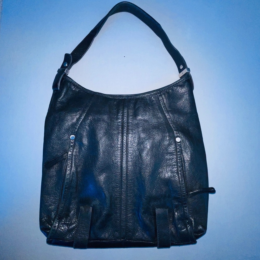Perlina Hobo Shoulder Bag Pebbled Leather Black Silver Hardware